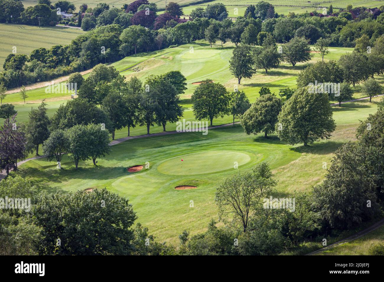 Paisaje de golf con árboles, vista aérea del campo de golf inglés, Buckinghamshire, Inglaterra, Reino Unido Foto de stock