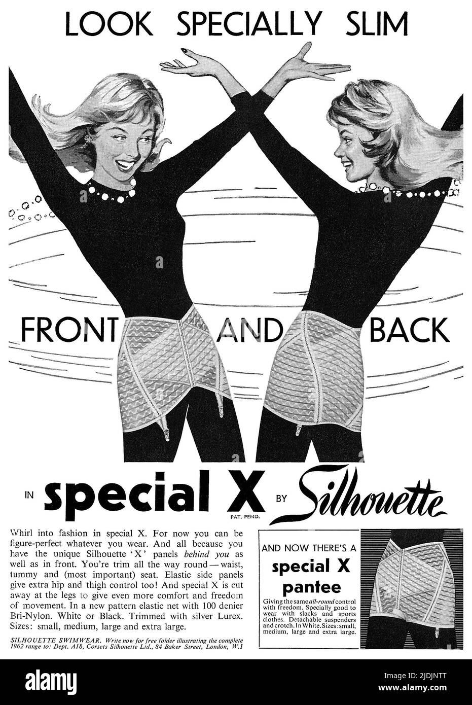 1962 Anuncio de lencería británica para la faja especial X de Silhouette. Foto de stock
