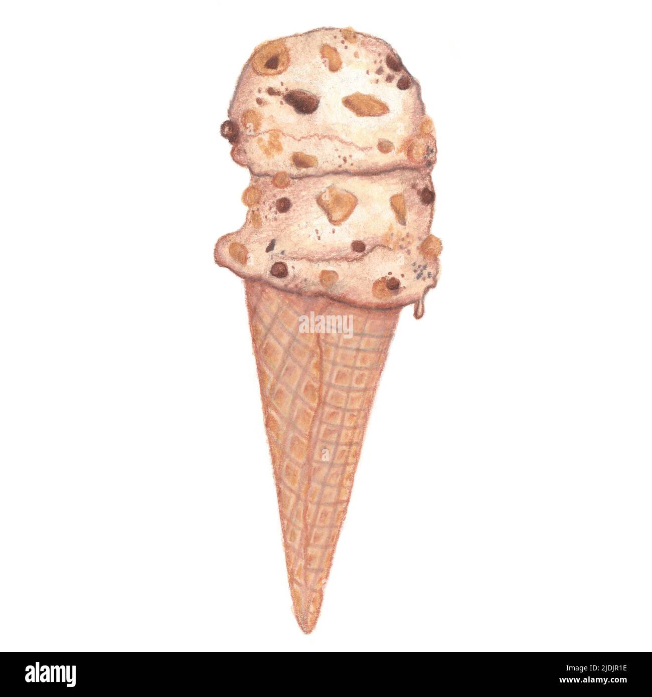 Ilustración de cono de helado sobre fondo blanco. Ilustración de la pieza de clipart dibujada a mano en acuarela. Ideal para tarjetas, menús, fiestas, decoraciones. Foto de stock