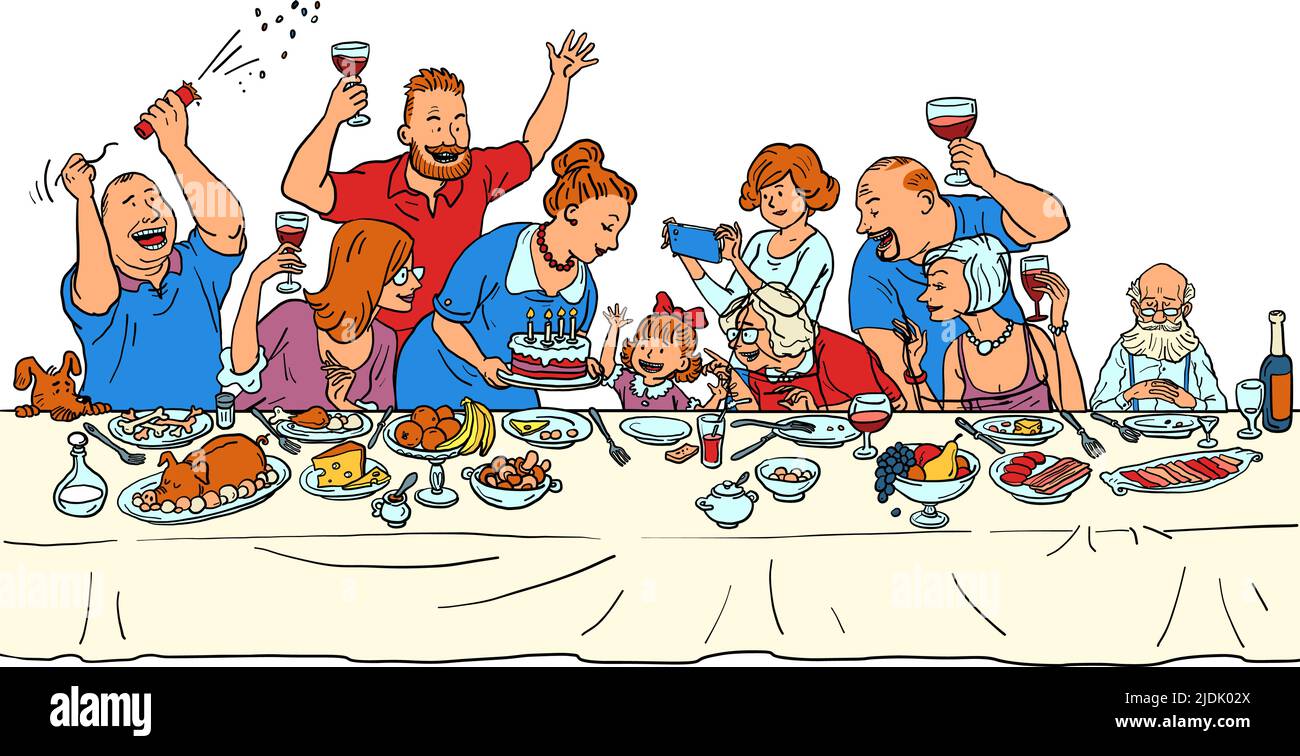Niña hija nieta nieta Fiesta de cumpleaños, toda la familia en la mesa festiva. Ilustración retro de la mano del cómic de la cosecha Ilustración del Vector