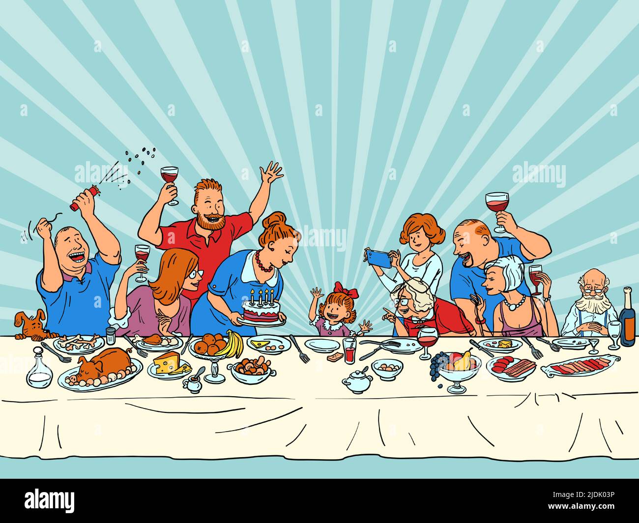 Niña hija nieta nieta Fiesta de cumpleaños, toda la familia en la mesa festiva. Ilustración retro de la mano del cómic de la cosecha Ilustración del Vector