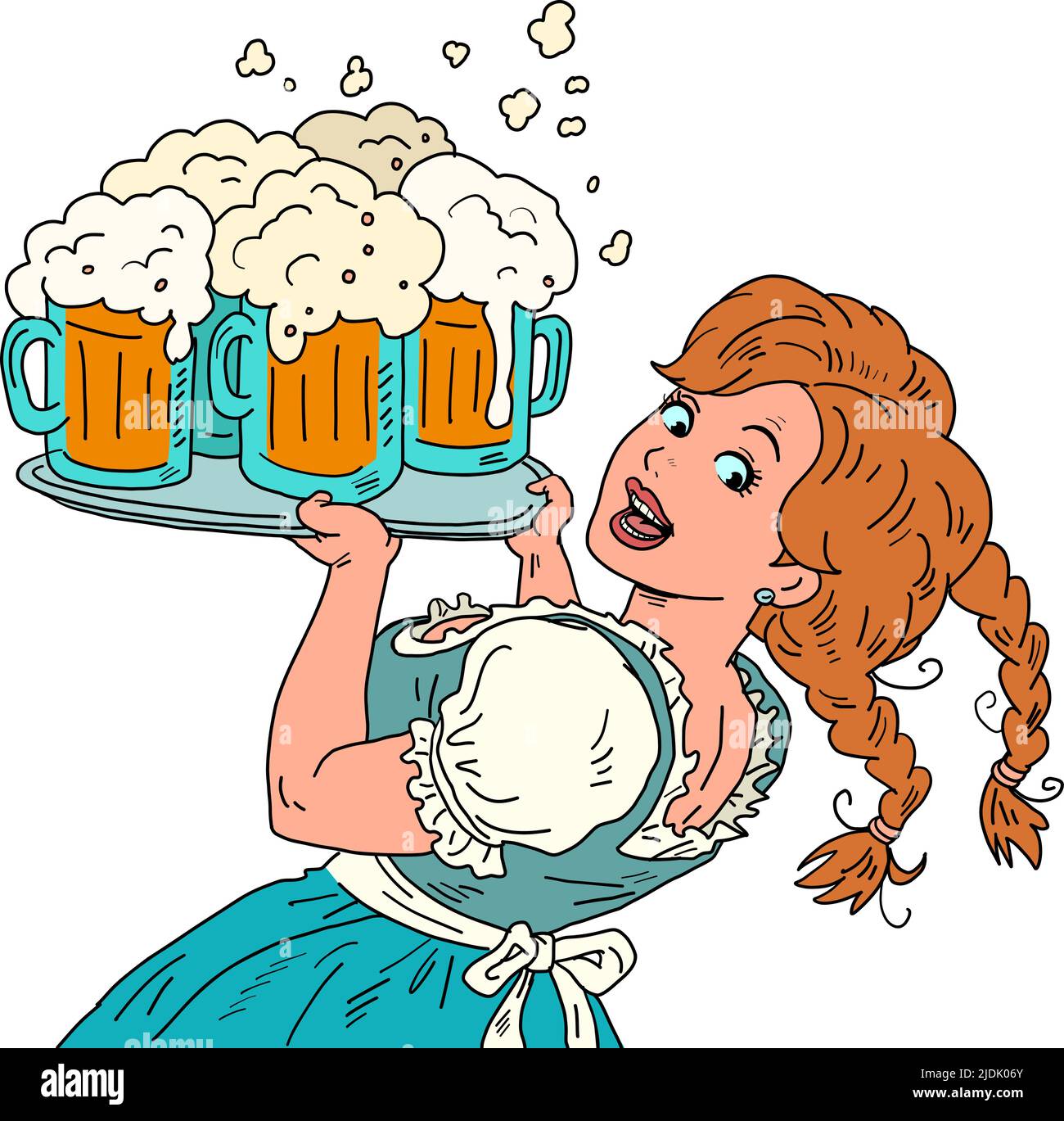 una camarera con una cerveza, con ropa nacional. Oktoberfest festival, restaurante pub taberna. Cómic ilustración de mano estilo vectorial retro Ilustración del Vector