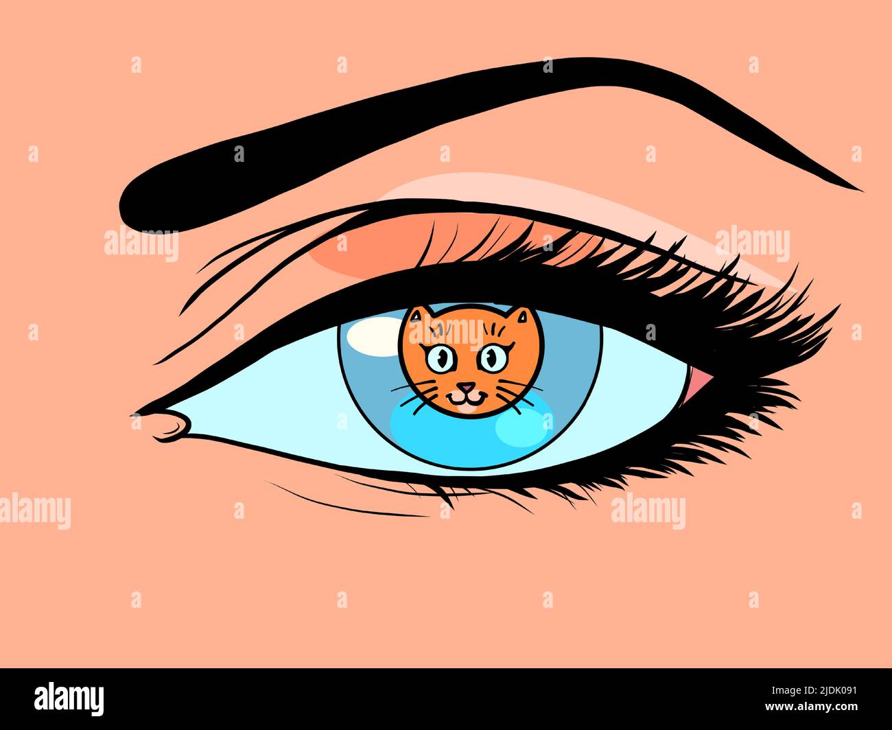 gato gatito animal doméstico en lugar de un alumno en un ojo de mujer. Ilustración de dibujo de estilo cómic Ilustración del Vector