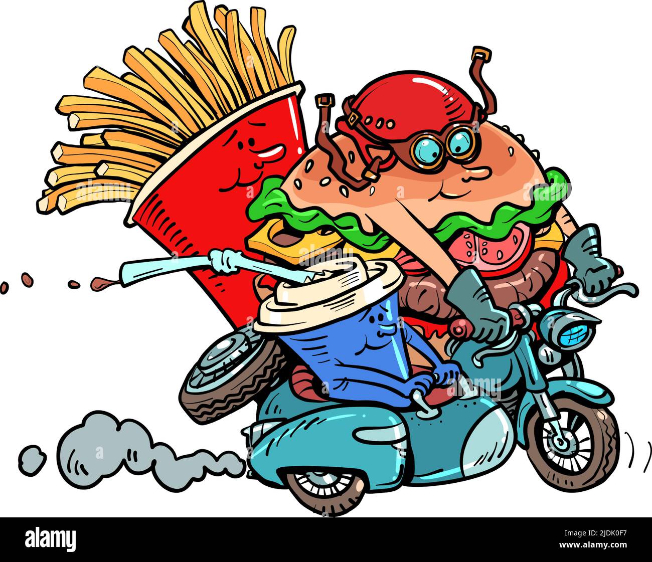 Los productos de comida rápida personajes ciclistas montar en una motocicleta. Restaurante de carretera. Las patatas fritas tipo hamburguesa beben cola Ilustración del Vector