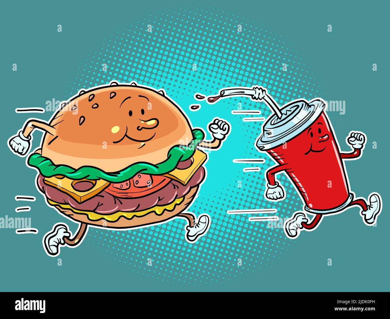 Los personajes de comida rápida hamburguesa y bebida de cola corren. Estilo de vida deportivo y comida callejera Ilustración del Vector