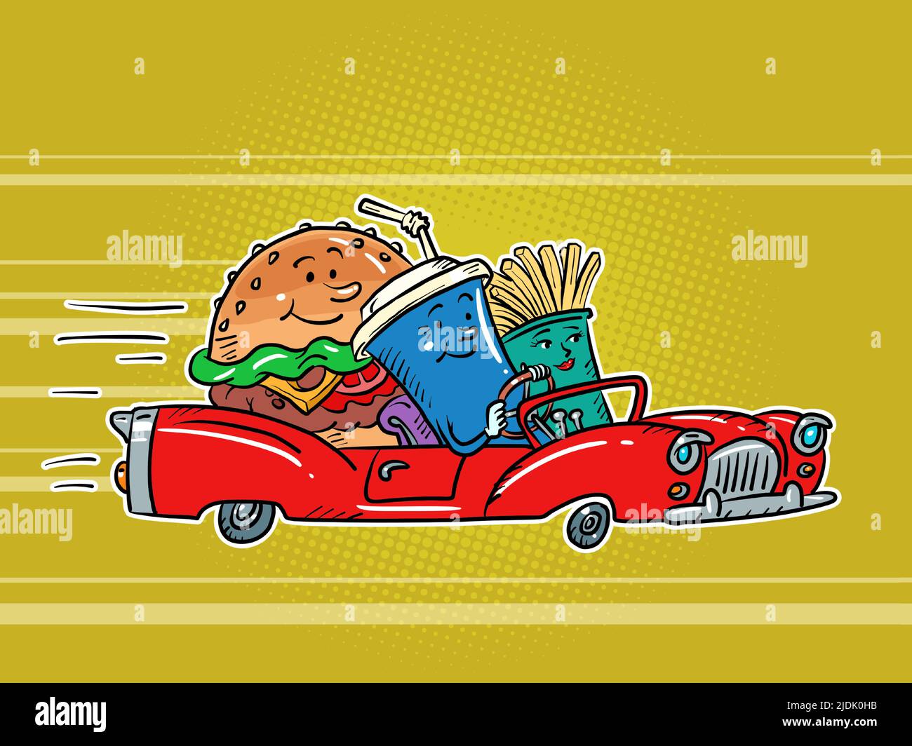 Restaurante de carretera, comida rápida personajes hamburguesa bebida cola y patatas fritas amigos coche de conducción. Cómic kitsch estilo vintage dibujo a mano illustra Ilustración del Vector