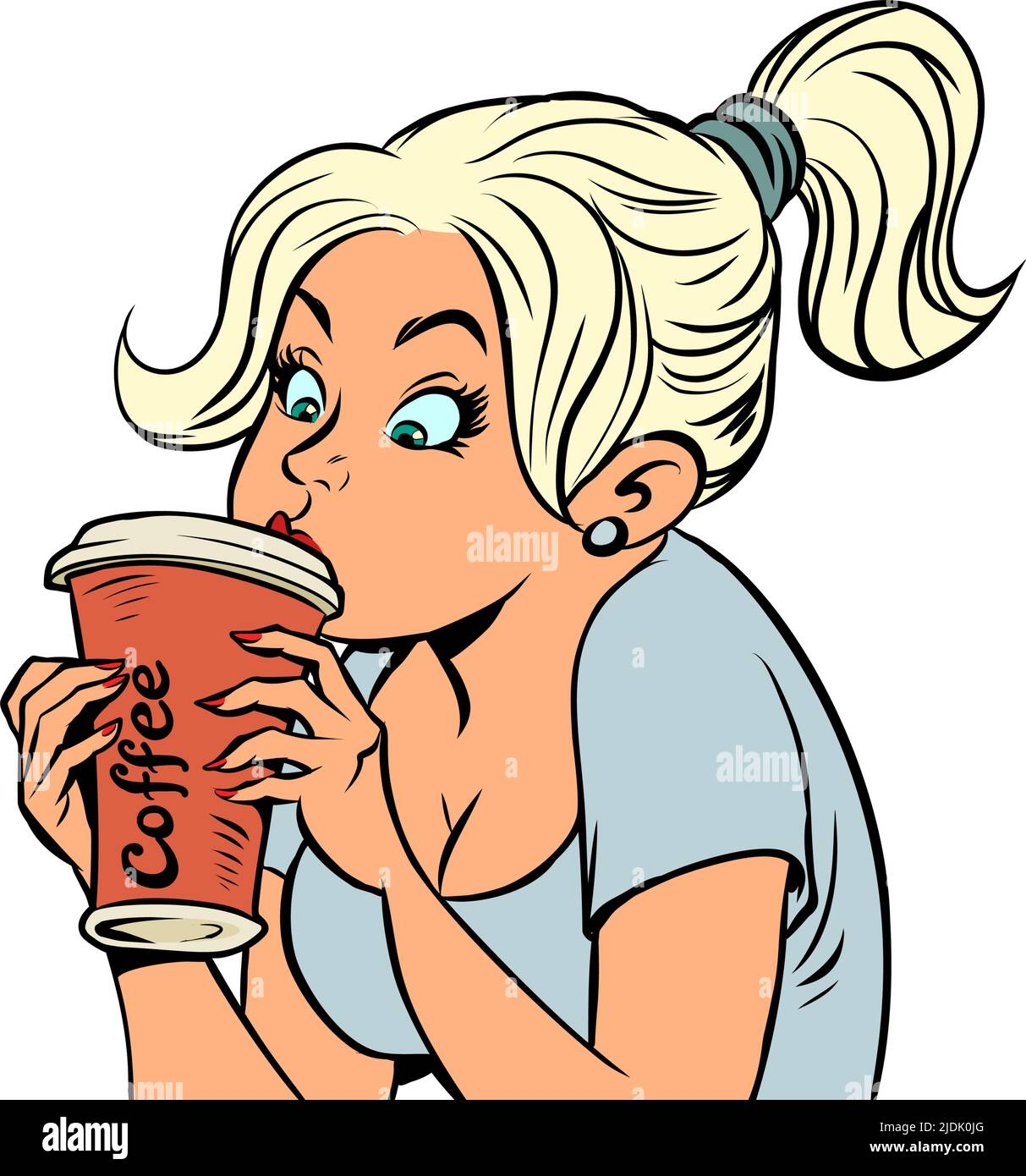 Hermosa chica bebiendo café caliente, taza de papel, cafetería por la mañana Ilustración del Vector