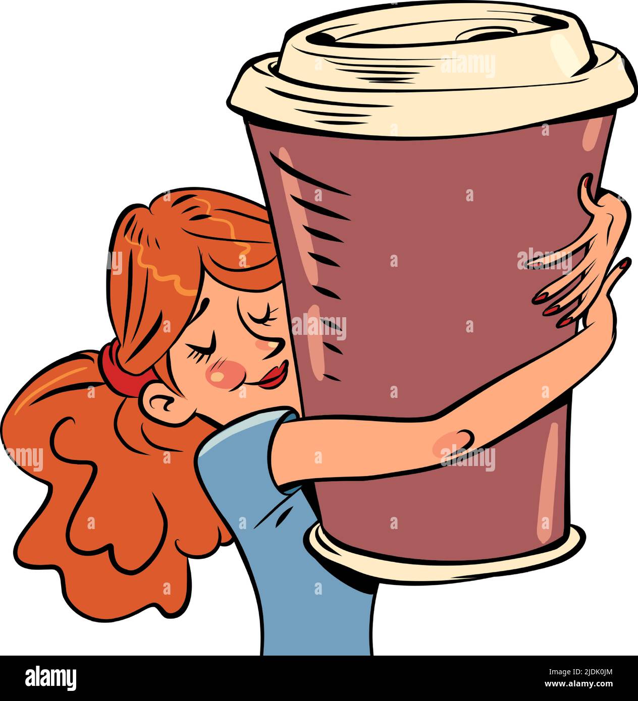 una mujer joven abraza una taza enorme de café, un desayuno de la mañana, una bebida alegre. Ilustración de dibujo a mano retro de cómic Ilustración del Vector