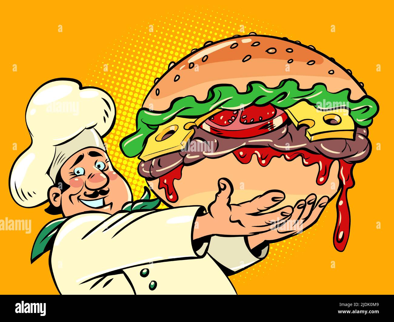 chef con una hamburguesa enorme, restaurante de comida rápida en la calle. Deliciosa hamburguesa de queso. Ilustración de dibujo a mano retro de cómic Ilustración del Vector