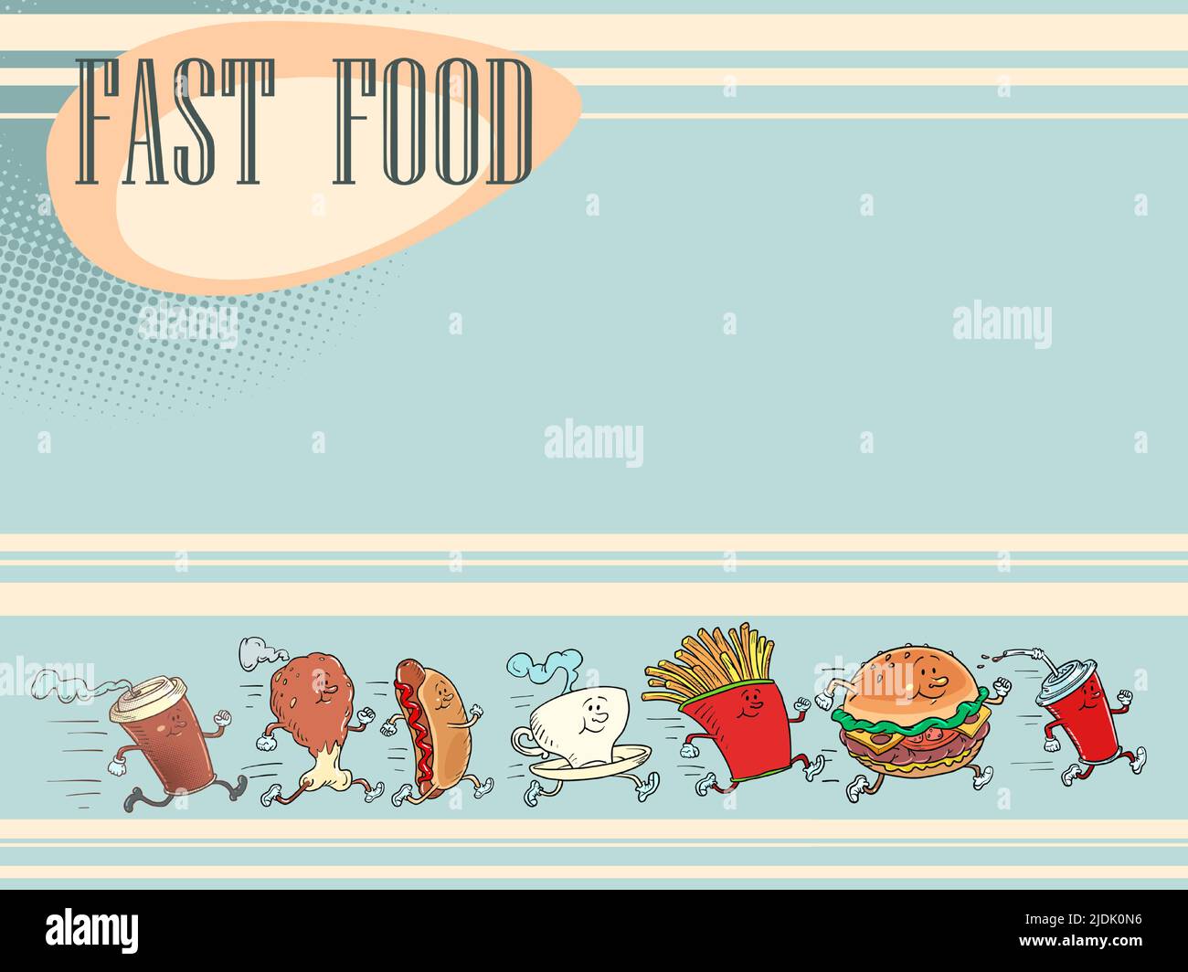 Productos de comida rápida, fondo del menú del restaurante. Hamburguesa patatas fritas beber cola pollo pierna perrito caliente taza de café Ilustración del Vector
