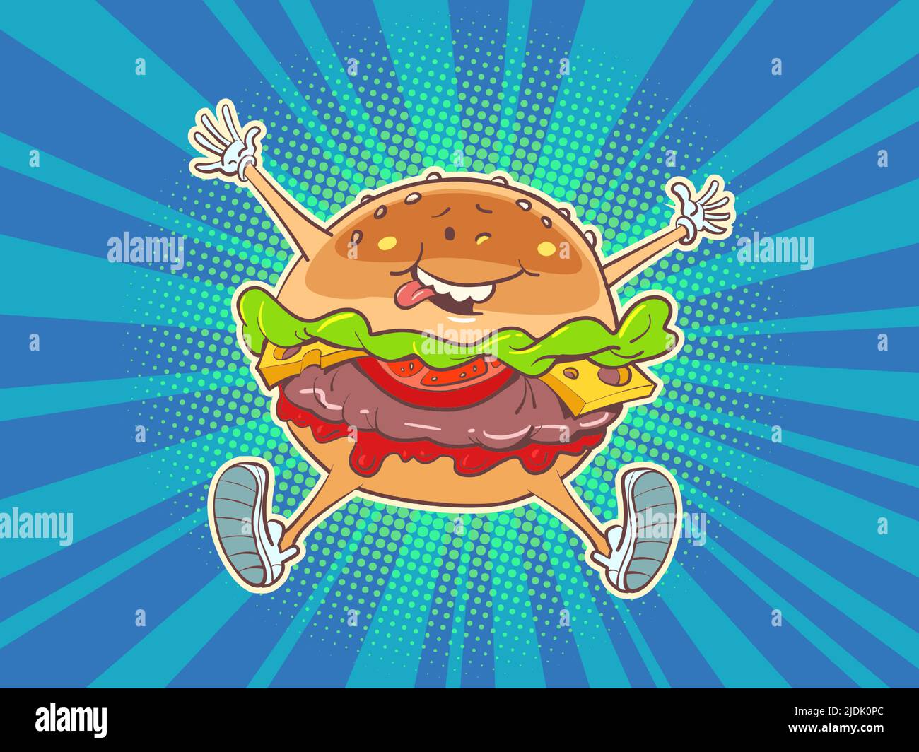 Alegre hamburguesa alegre, carácter de comida rápida. Restaurante de la calle. Kitsch cómic dibujo a mano estilo vintage ilustración Ilustración del Vector