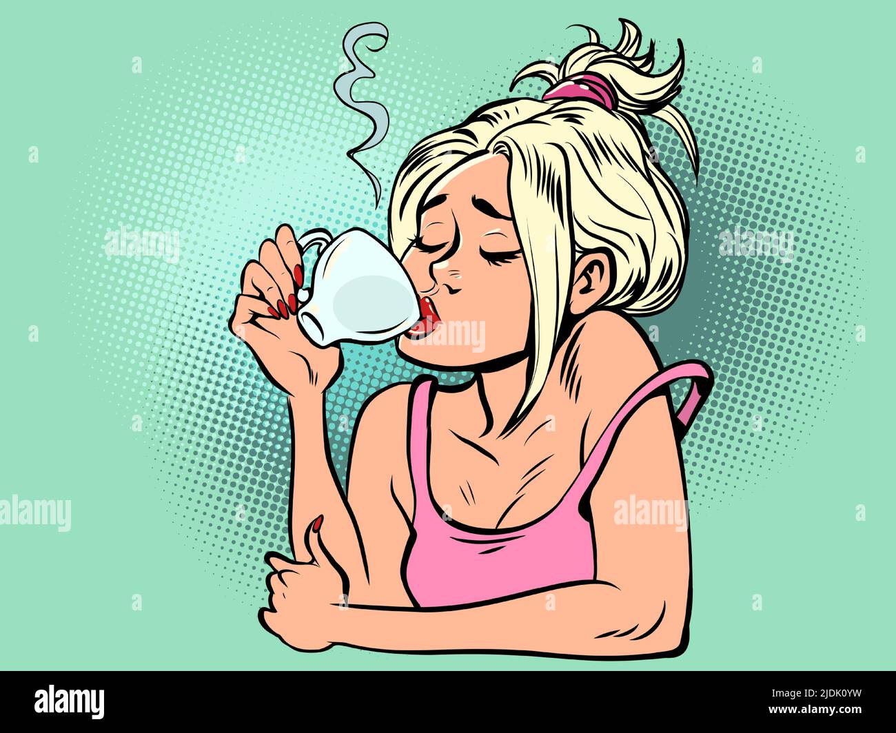Una mujer bebe una taza de café por la mañana. Cafetería, restaurante con bebidas calientes Ilustración del Vector