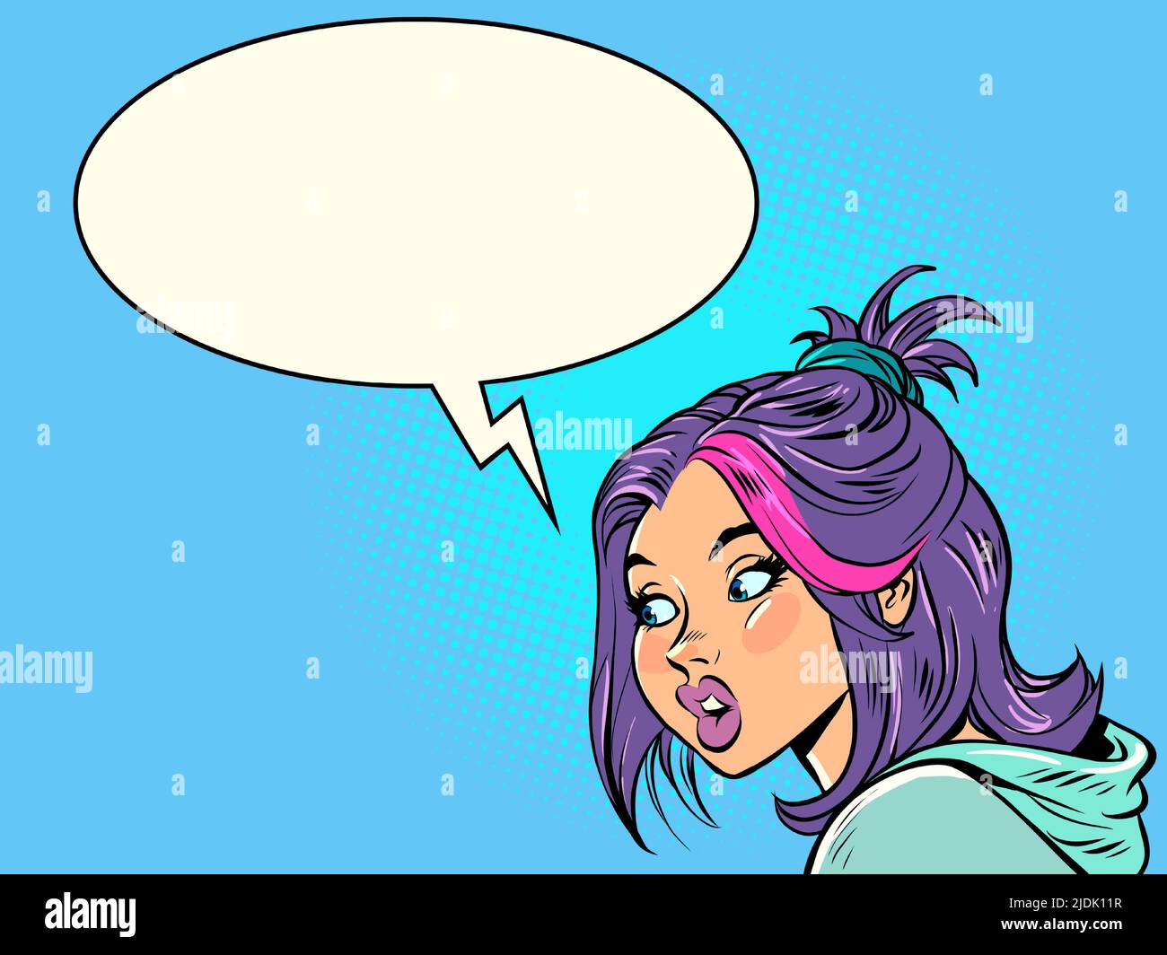 Mujer joven hablando, comunicación diálogo comic burbuja. Estilo pop art Ilustración del Vector