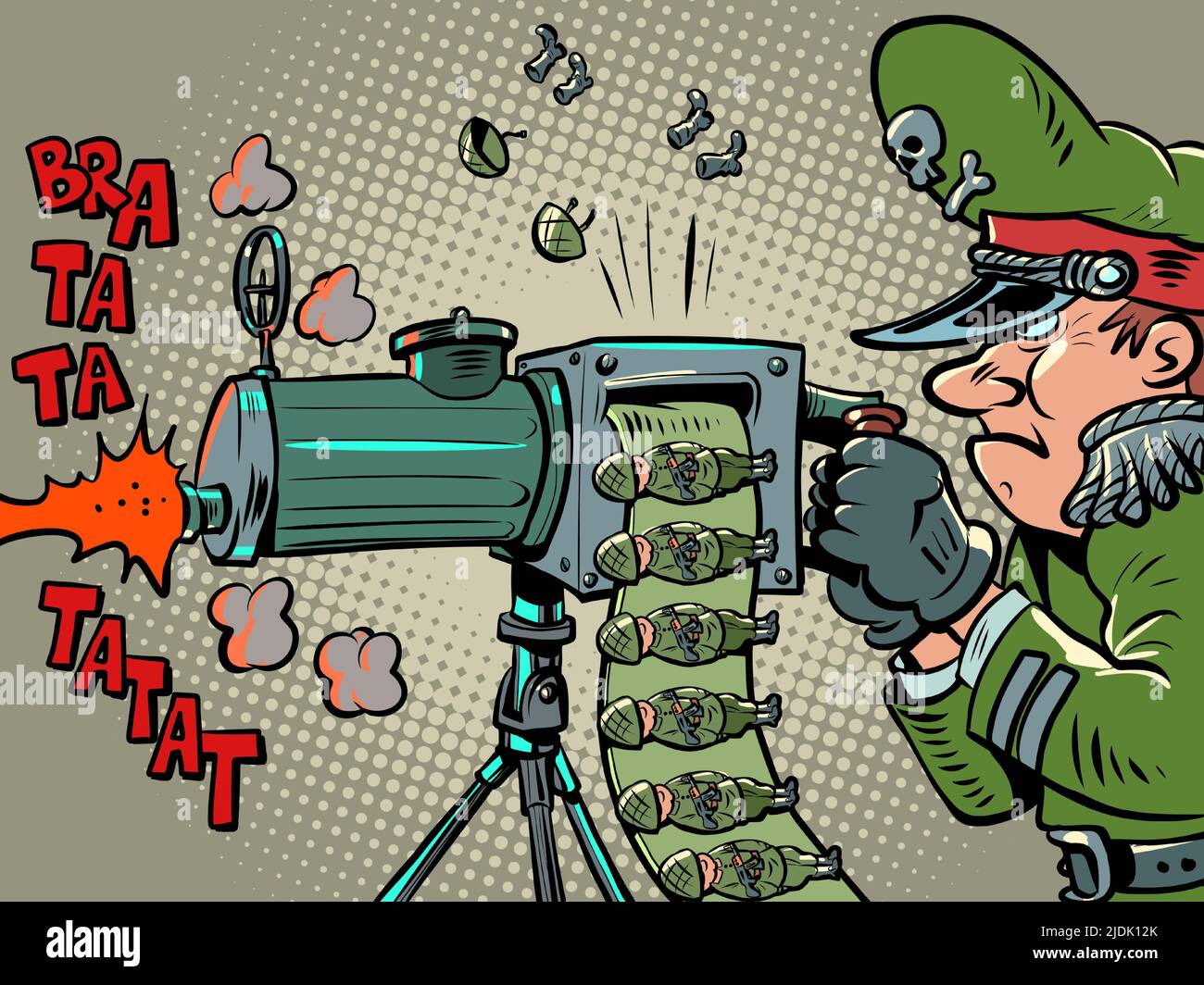 Guerra. El militarista general dispara a los soldados como balas de una ametralladora Ilustración del Vector