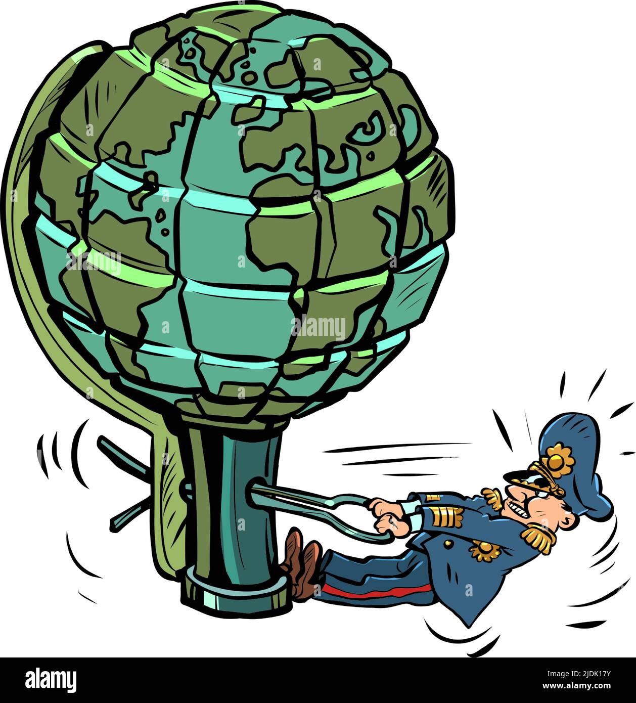 El general militar quiere hacer estallar el mundo. El planeta Tierra es como una granada. Guerra y agresión Ilustración del Vector