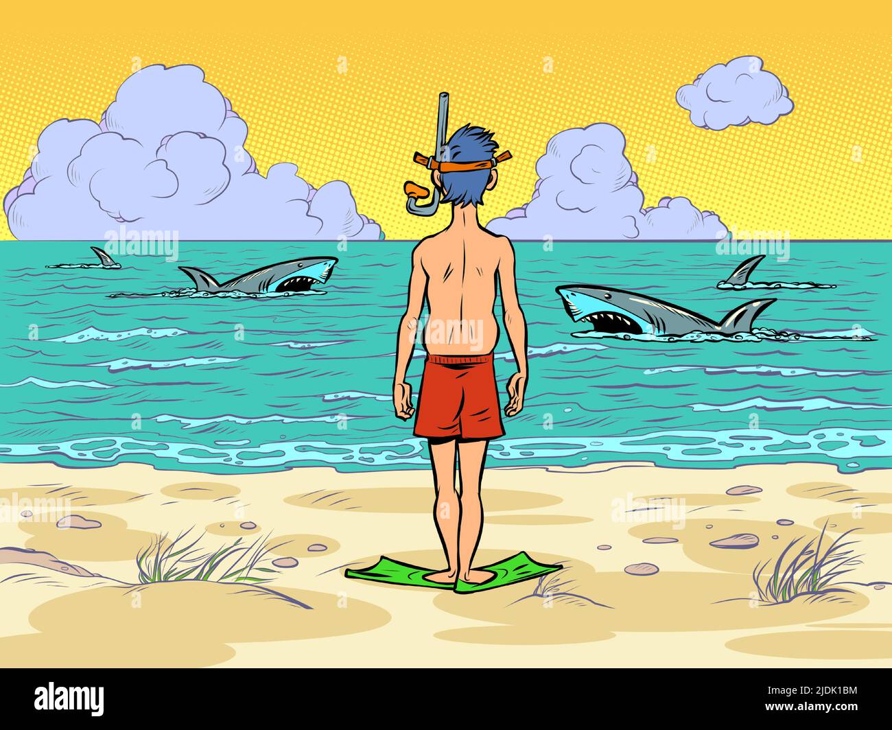 tiburones en el agua, un hombre con una máscara de buceo se está preparando para bucear, de pie en la orilla del mar Ilustración del Vector