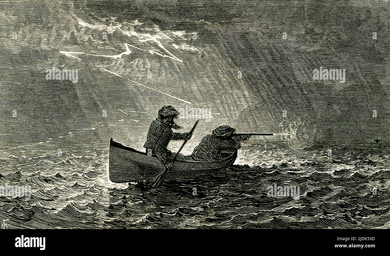 El título de 1869 dice: 'Estable allí!' La ilustración muestra dos machos en un pequeño barco, uno remando, el otro con un arma de fuego contra algún animal. La ubicación es el Adirondacks. Foto de stock