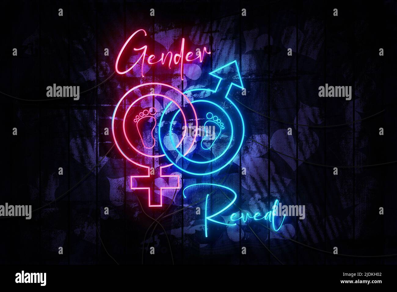 Género Revelar Pink and Blue Neon Sign on A Dark Heart Decorated Wooden Wall 3D ilustración. Foto de stock