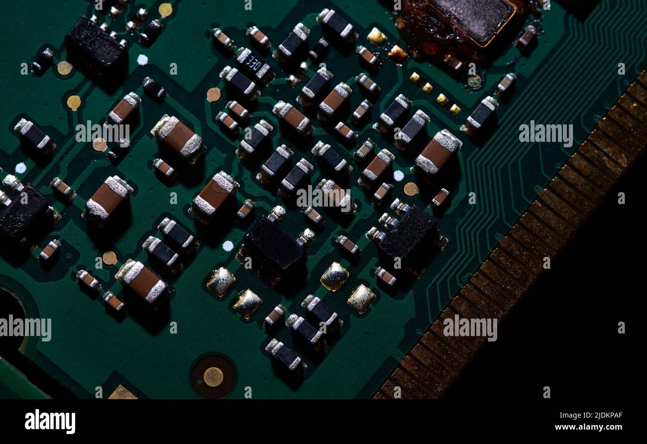 Vista de primer plano de la placa de circuitos electrónicos Foto de stock