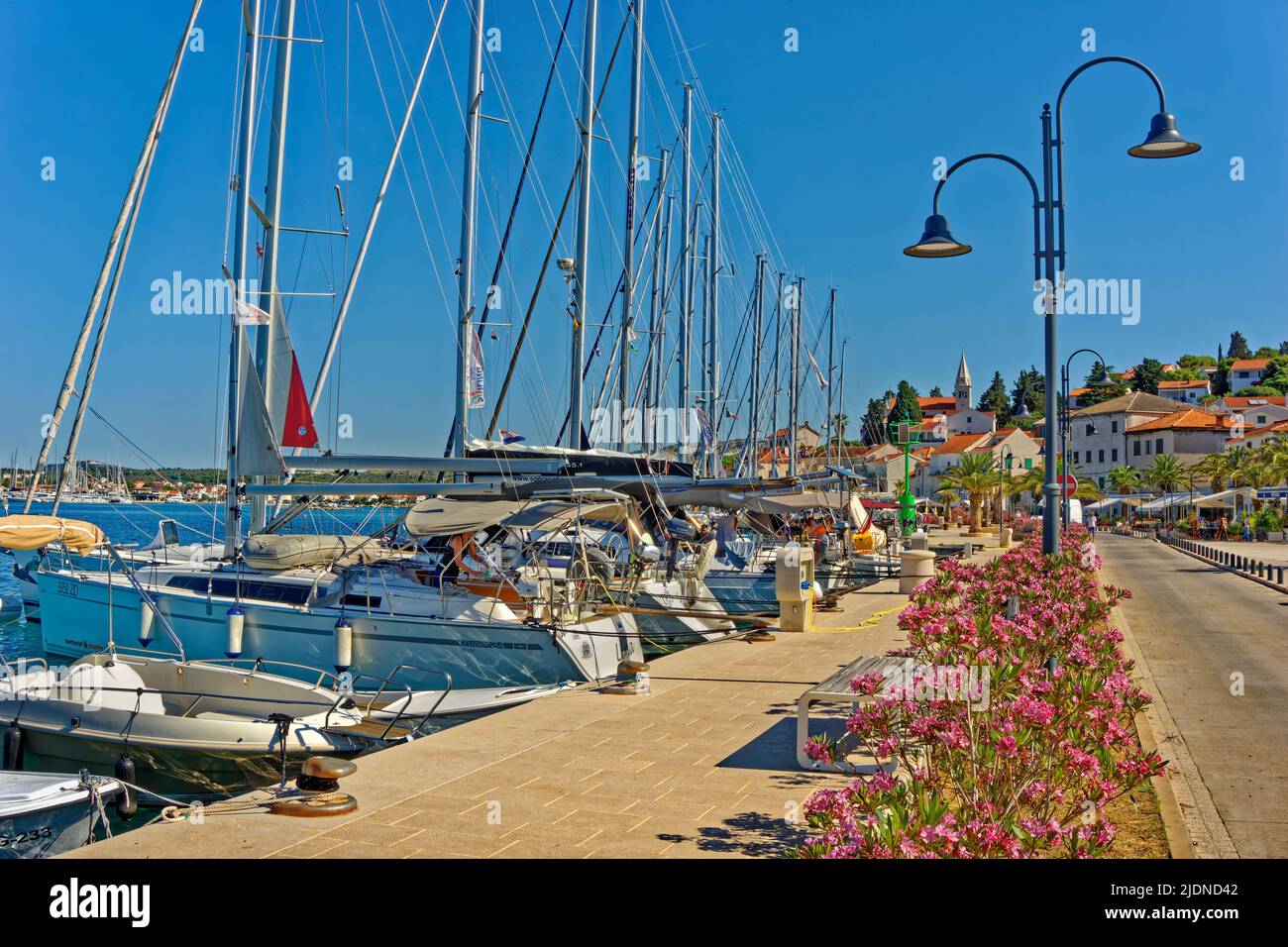Rogoznica muelle de la ciudad. Un popular destino para pasar la noche para cruceros en yate en la costa central de Dalamation en Croacia. Foto de stock