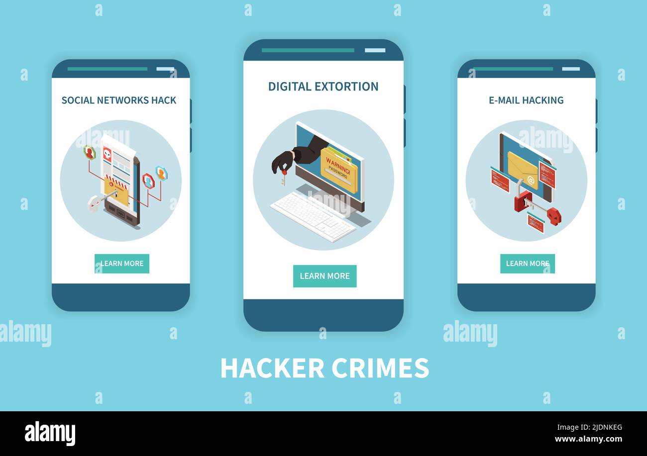 La pesca del hacker digital crimen isométrico coloreado concepto con el título de los crímenes del hacker y descripciones ilustración del vector Ilustración del Vector