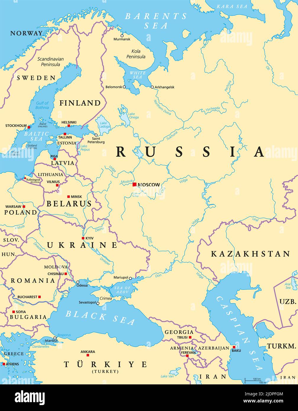 Europa oriental y Asia occidental, mapa político, con capitales y fronteras. Con Mar Negro, Mar Caspio, Rusia Europea, y parte de Asia Central. Foto de stock