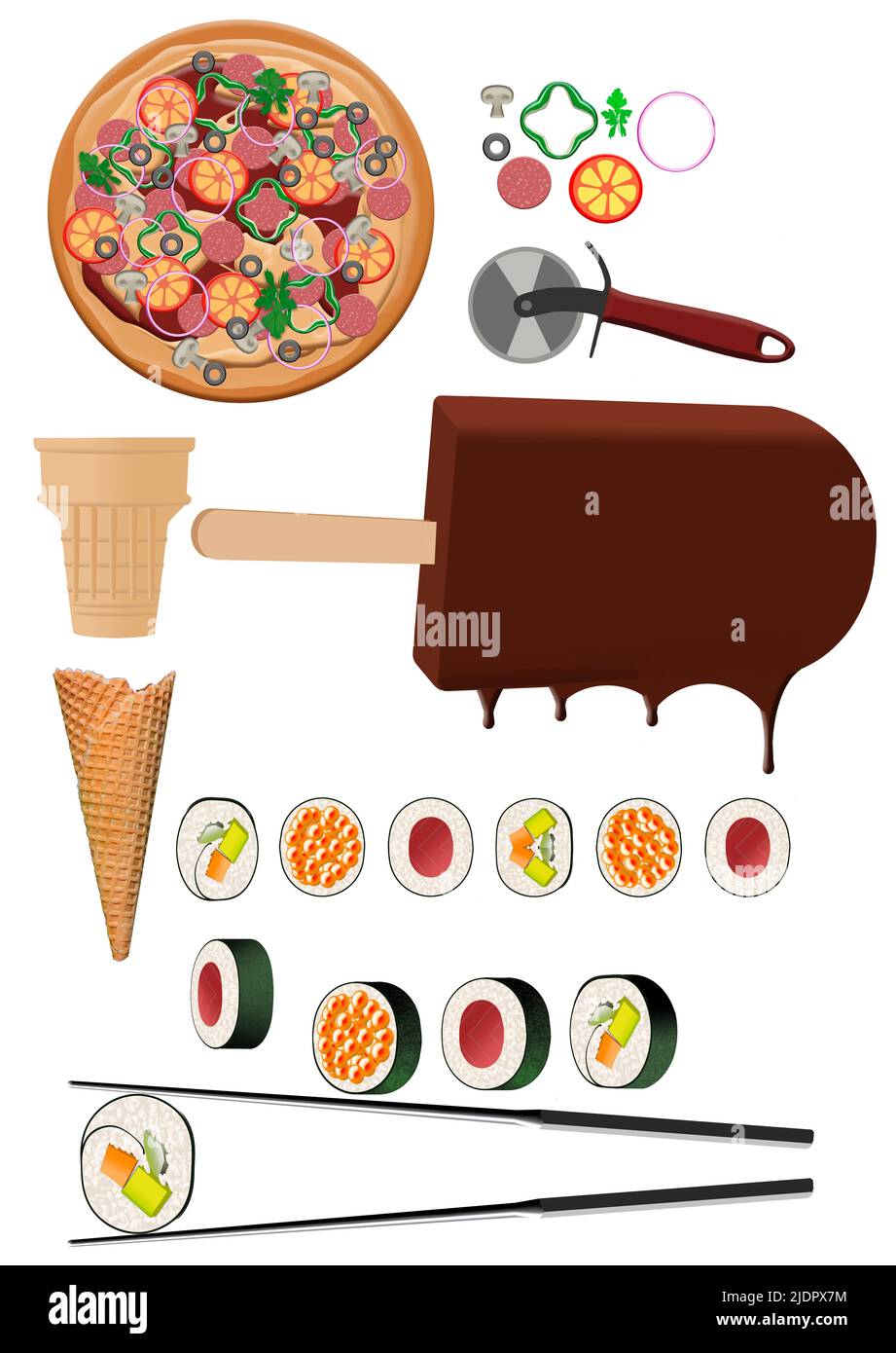 La pizza, el helado y el sushi se consideran ilustraciones en 3-d que se utilizan para elementos gráficos. Foto de stock
