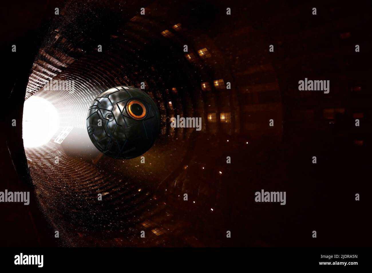 misterioso túnel alienígena y una esfera que se mueve a través de él Foto de stock