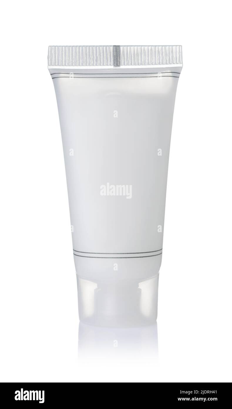 Vista frontal del tubo de cosméticos translúcidos en blanco aislado en blanco Foto de stock