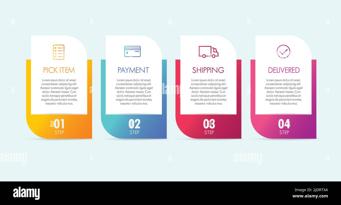 Plantilla Infográfica de colores Cuatro opciones de proceso de compra Ilustración del Vector