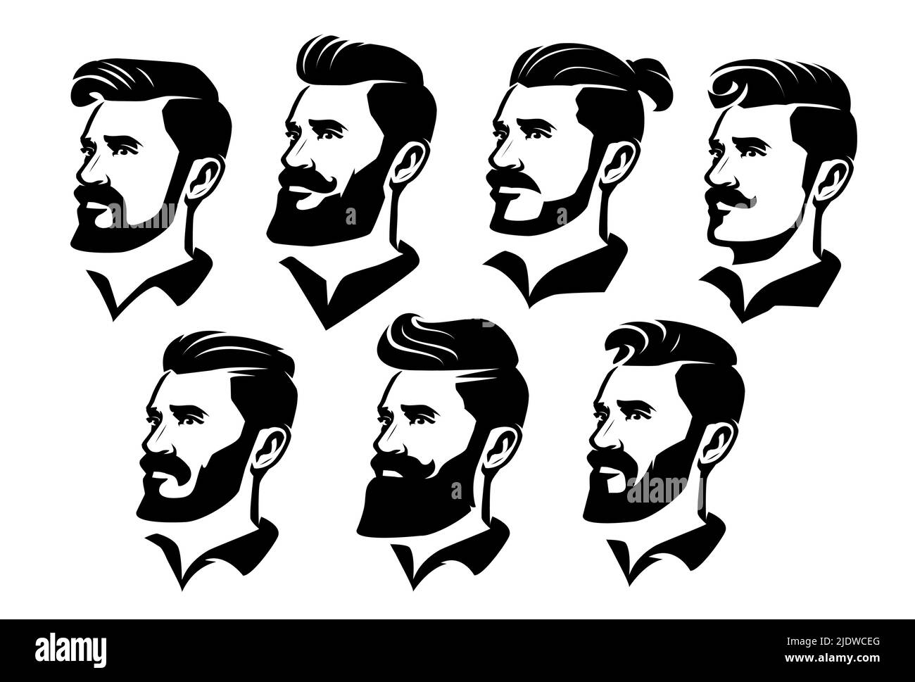 Establecer caras vectoriales con barba en hombres. Hipster con corte de pelo, bigote, barba. Elemento de diseño para emblema, distintivo, etiqueta Ilustración del Vector