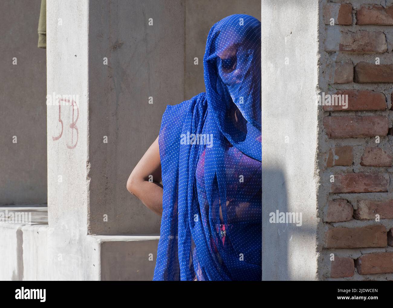 Mujer azul de Rajastán. Foto de stock