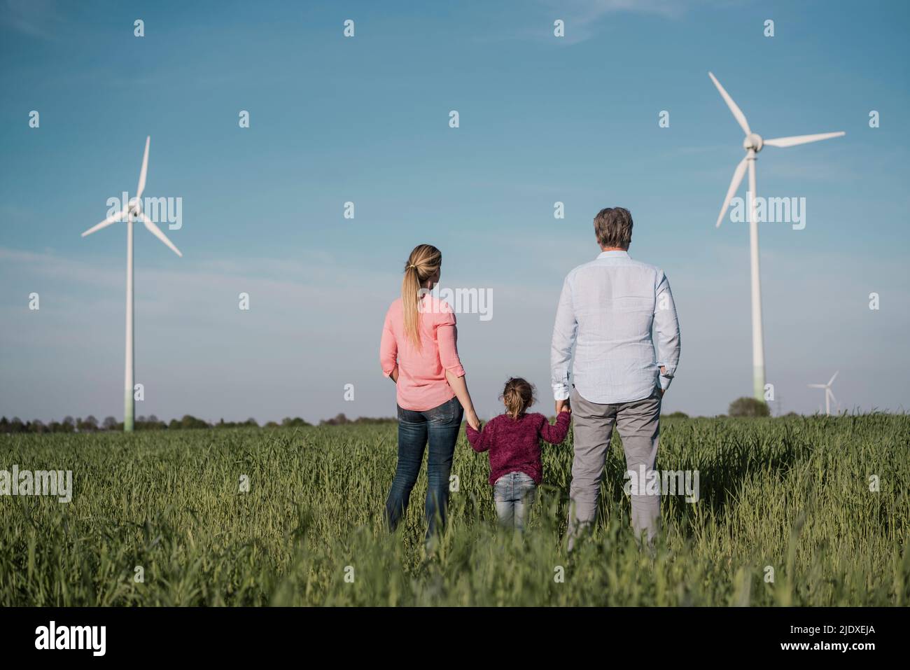 Padres sosteniendo la mano de su hija de pie en el campo el día soleado Foto de stock