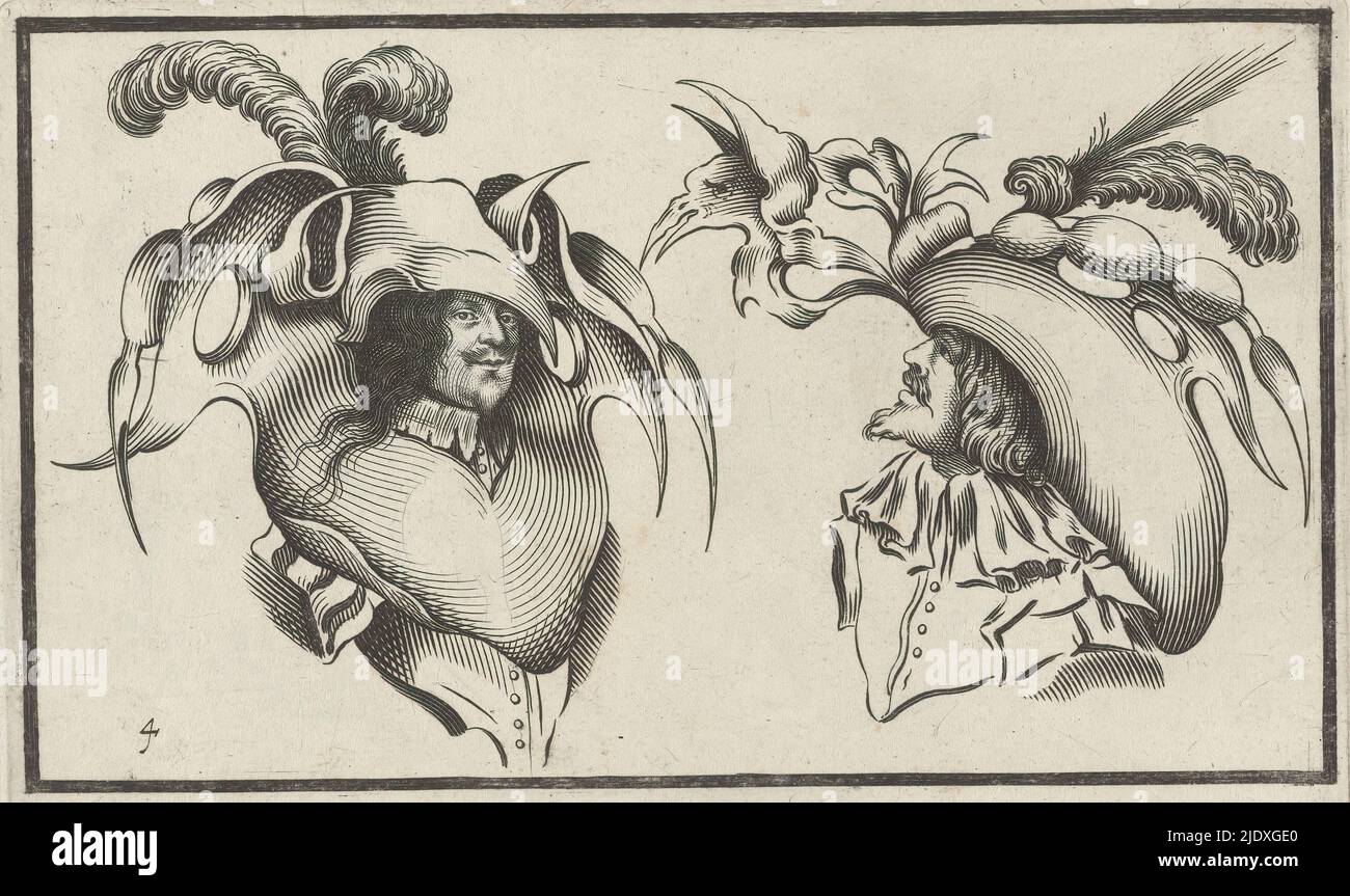 Dos cabezas de hombre con sombreros y collares grotescos, Diseños para