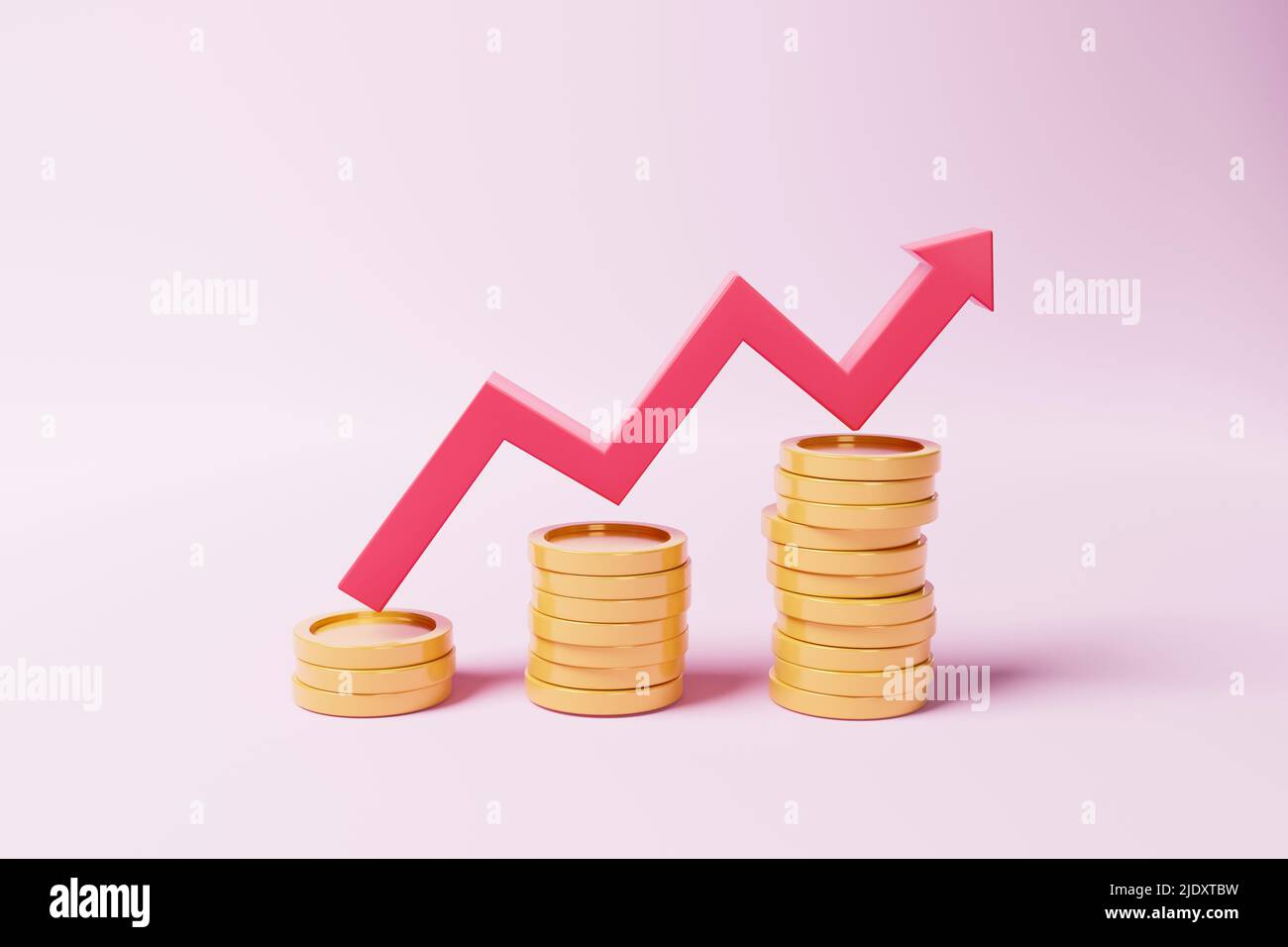 Flecha hacia arriba roja y pilas de monedas sobre fondo rosa. Éxito financiero y concepto de crecimiento. ilustración 3d Foto de stock
