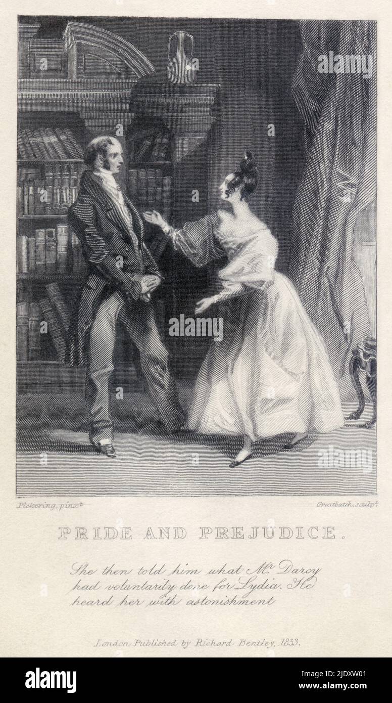 Una de las dos primeras ilustraciones publicadas de Pride and Prejudice, de la edición de Richard Bentley. El título dice: 'Entonces le dijo [el Sr. Bennett] lo que el Sr. Darcy había hecho voluntariamente por Lydia. La escuchó con asombro'. Foto de stock