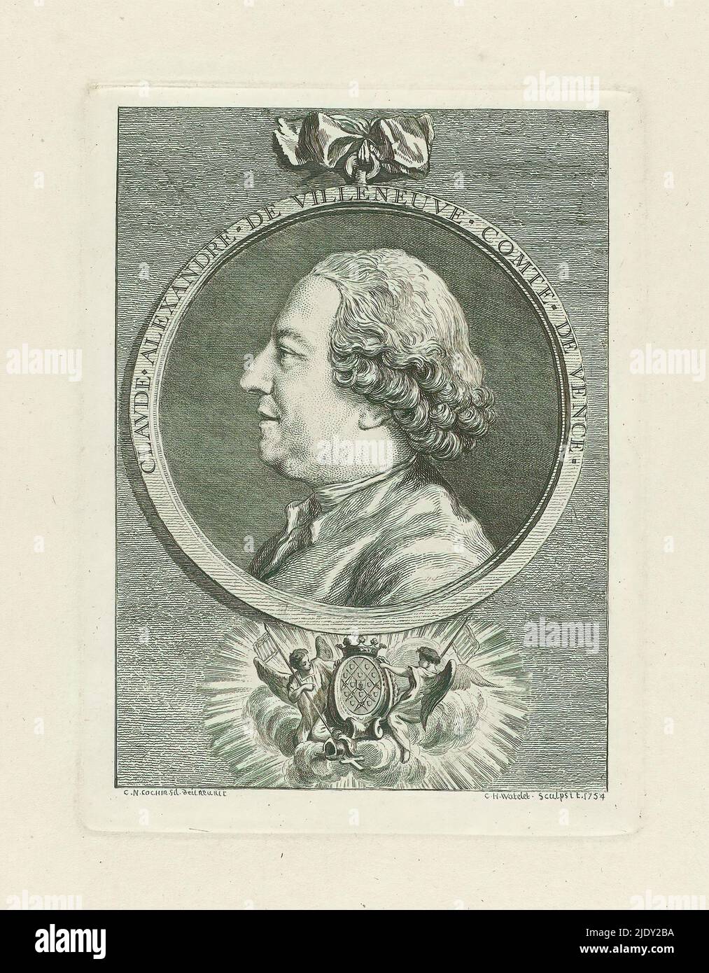 Retrato de Claude Alexandre de Villeneuve, Comte de Vence, Claude Alexandre  de Villeneuve Comte de Vence (título sobre el objeto), Bust a la izquierda,  en marco redondo con arco en la parte