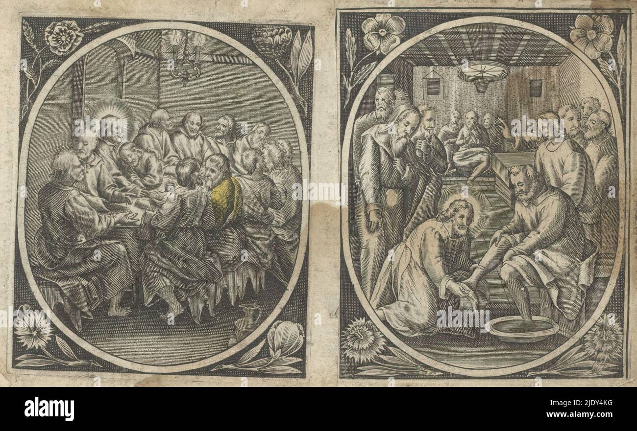 Última Cena, Pasión de Cristo (título de la serie), Cristo y sus discípulos  alrededor de una mesa. Cristo está sentado en el centro y Juan se inclina  contra él. Óvalo dentro de