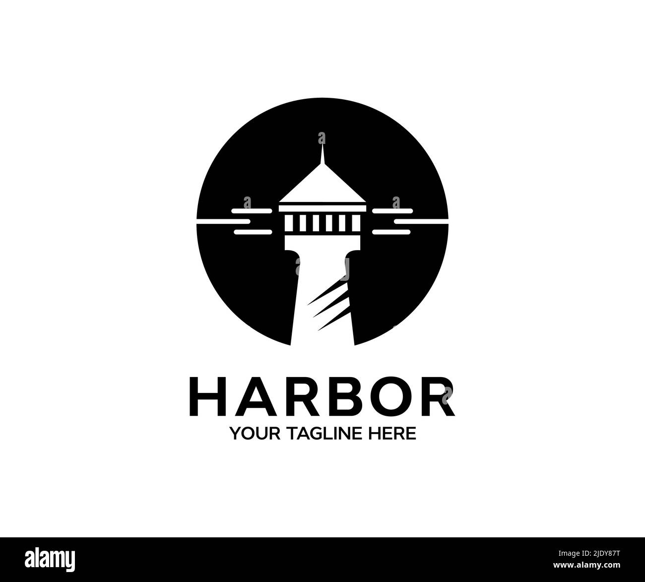 Faro, diseño del logotipo del puerto. Torre marítima, diseño e ilustración de vectores portuarios. Ilustración del Vector