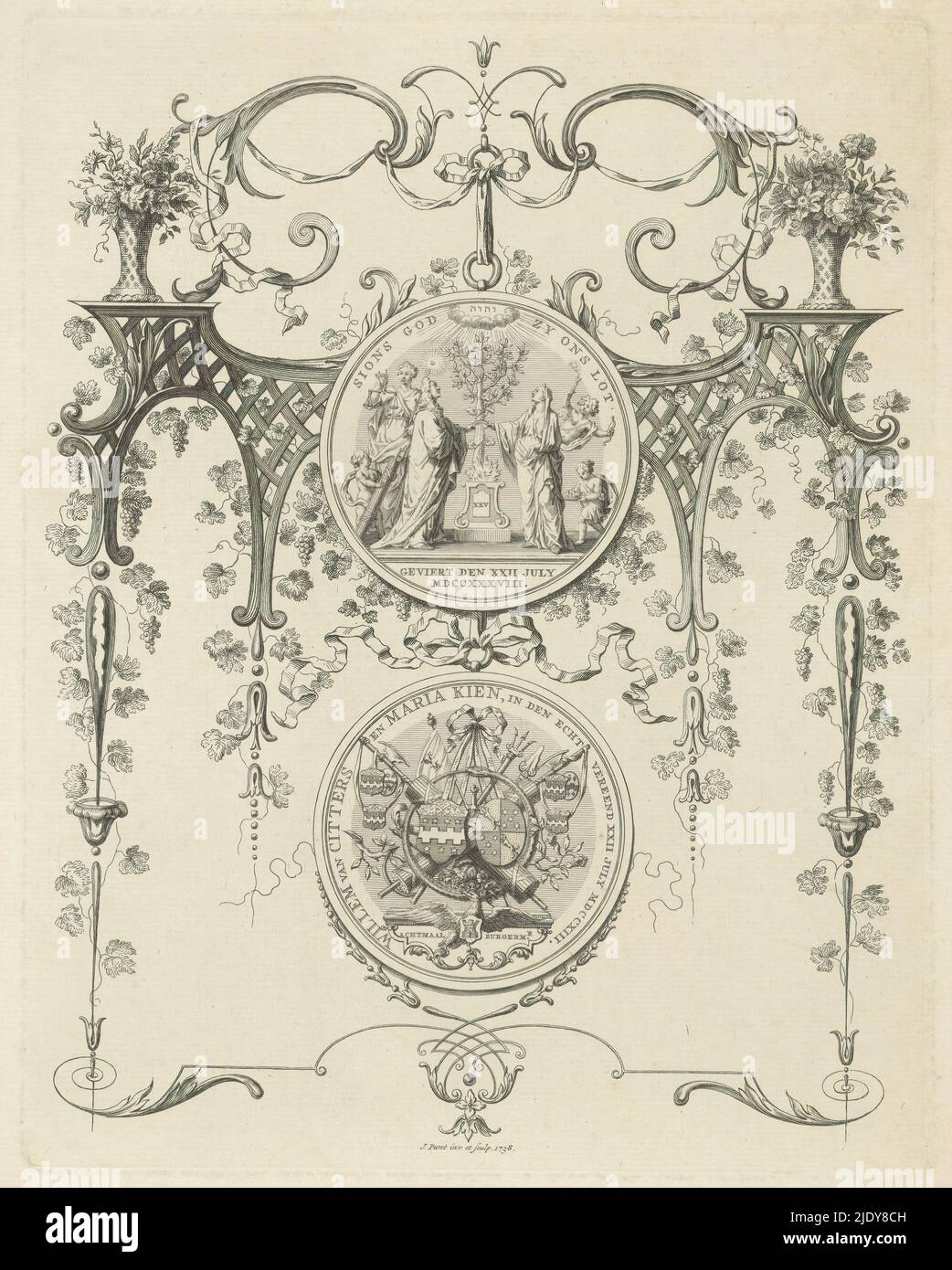 Representación decorativa con la medalla en el aniversario de bodas de plata  de Willem van Citters y Maria Kien, 1738. Muestra decorativa con la  declaración de boda en el matrimonio de veinticinco