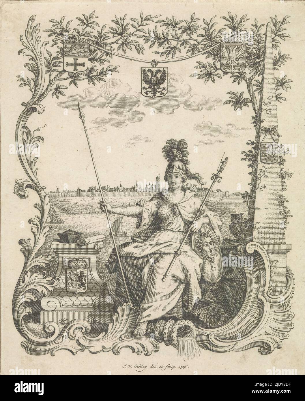 Minerva Pallas Athene sentado en un asiento, en una mano una lanza, en la  otra un equipo de beadle, junto a ella un piper pied con el escudo de  Gelderland, Sobre el