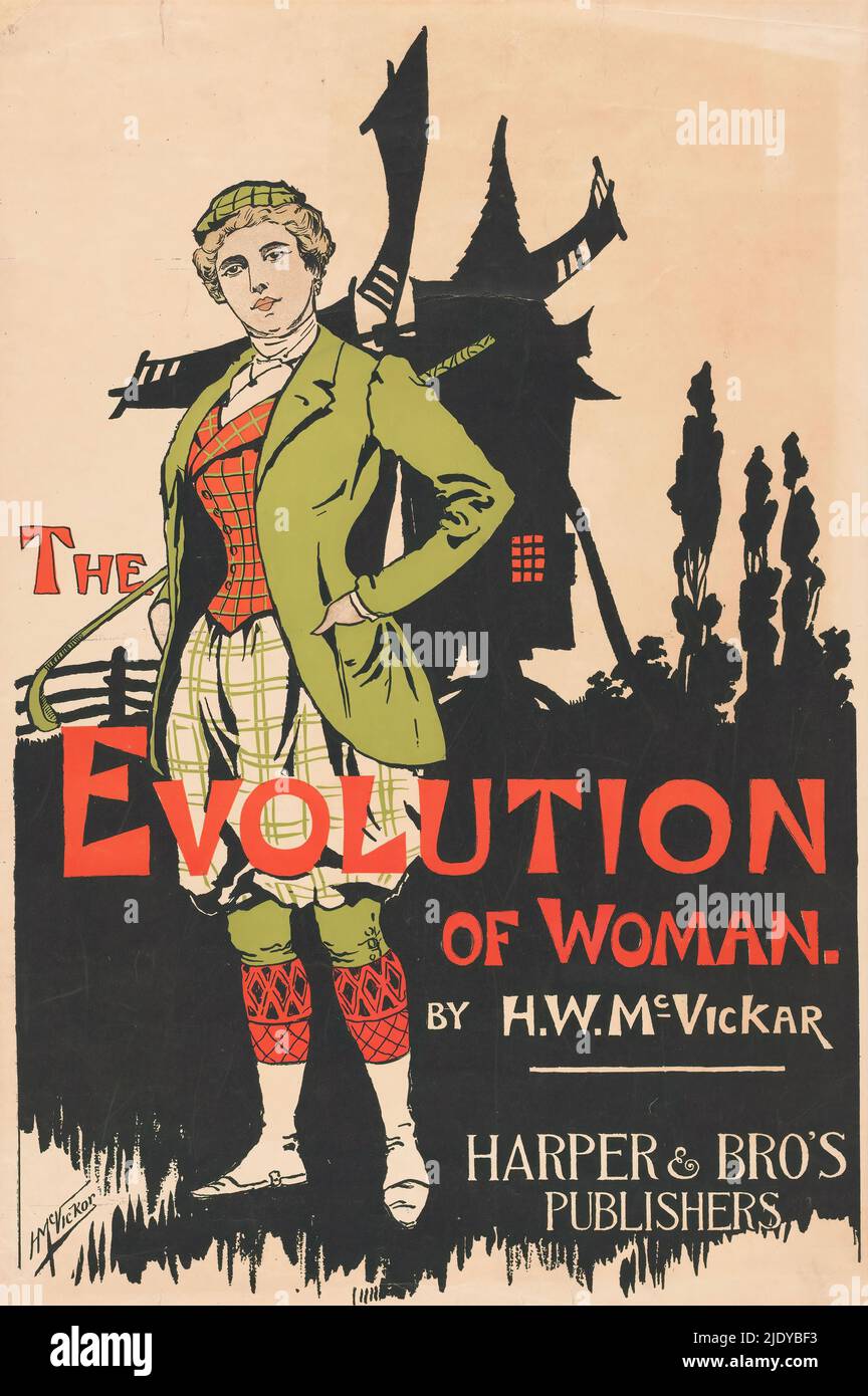Factura publicitaria para la evolución de la mujer por Harry Whitney  McVickar, una mujer en ropa deportiva con un club de golf bajo su brazo. En  el fondo un molino de viento.