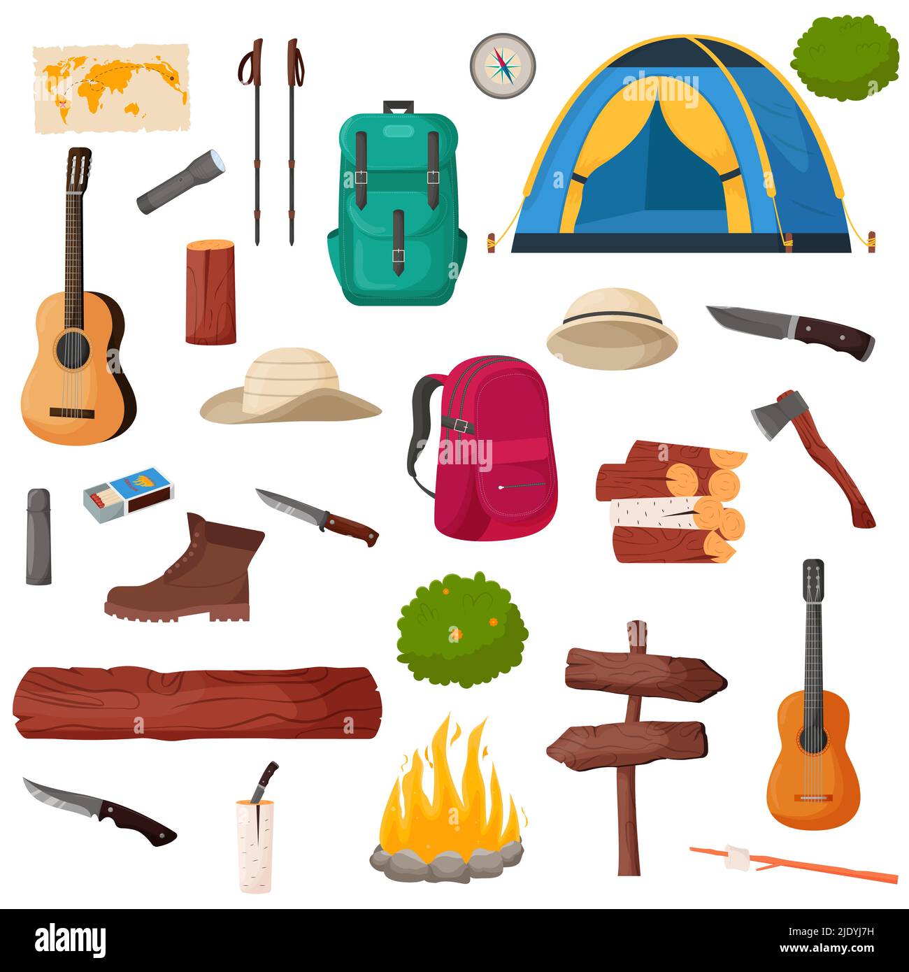 Juego de camping y senderismo. Campamento de verano colección de  herramientas de viaje para la supervivencia en la naturaleza, tienda,  mochila, mapa, hacha, fogata y otros equipos de camping Imagen Vector de