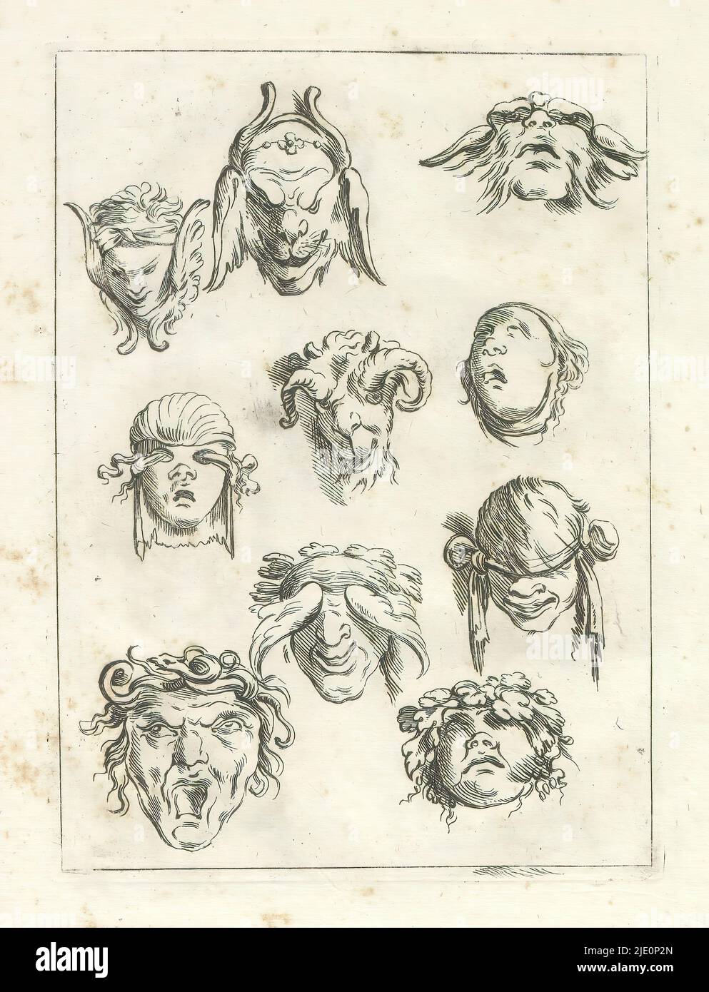 Diez cabezas de ornamento, Ornaments (título de serie), Disegni, et Abbozzi di Agostino Mitelli Intagliati Dal Figluolo di Lui Gioseppe Maria Mitelli (título de serie), Diez cabezas de ornamento, incluyendo cabezas de fantasía, una cabeza de Medusa y una cabeza de Bacchus. La impresión es parte de un álbum., impresor: Giuseppe Maria Mitelli, (mencionado en el objeto), después de dibujar por: Agostino Mitelli, (mencionado en el objeto), Giuseppe Maria Mitelli, impresor: Bolonia, después de dibujar por: Italia, Bolonia, 1644 - 1718, papel, grabado, altura 190 mm x anchura 137 mm Foto de stock