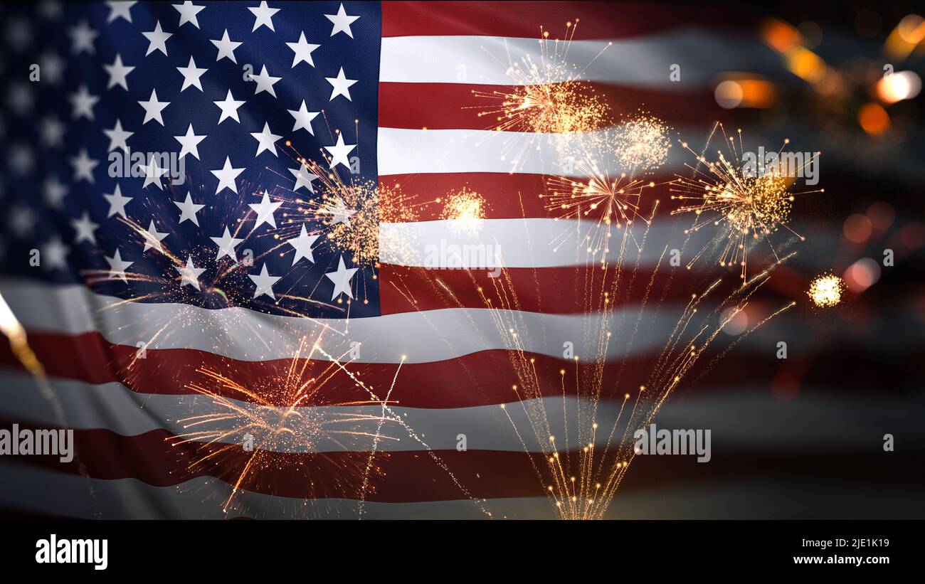 Bandera americana ondeando con fuegos artificiales celebrando el 4th de julio. Independencia, Memorial, Celebración, concepto de fuegos artificiales. Foto de stock