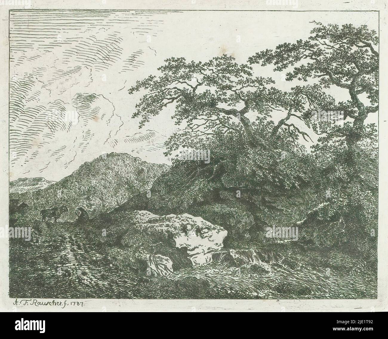Paisaje con arroyo y en el fondo un hombre y un toro, ocho paisajes boscosos (título de la serie), Acht Landschaften (título de la serie sobre el objeto), imprenta: Friedrich Rauscher, (mencionado en el objeto), editor: Karl Tauchnitz, Leipzig, 1787, papel, grabado, altura 157 mm x ancho 196 mm Foto de stock