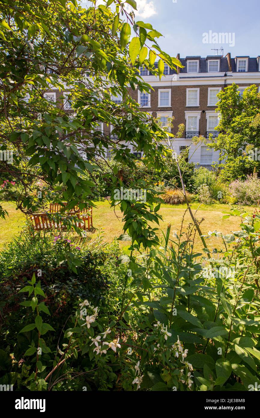 Los jardines de Markham Square, Chelsea, Londres; fueron establecidos en 1836. Un jardín comunitario cerrado al que sólo tienen acceso los residentes Foto de stock