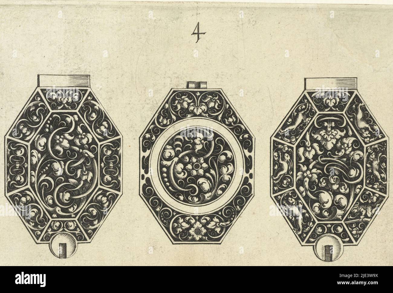 En el caso derecho, un cazador se arrodilla con un rifle, dos perros cazan una liebre, un ciervo y un jabalí, esfera octogonal entre dos estuches de reloj octogonales Estuches de reloj y diales con pergaminos foliados, impresor: Michiel le Blon, (mencionado en el objeto), Michiel le Blon, editor: Michiel le Blon, Ámsterdam, c. 1620 - c. 1626, papel, grabado, al. 80 mm x an. 105 mm Foto de stock