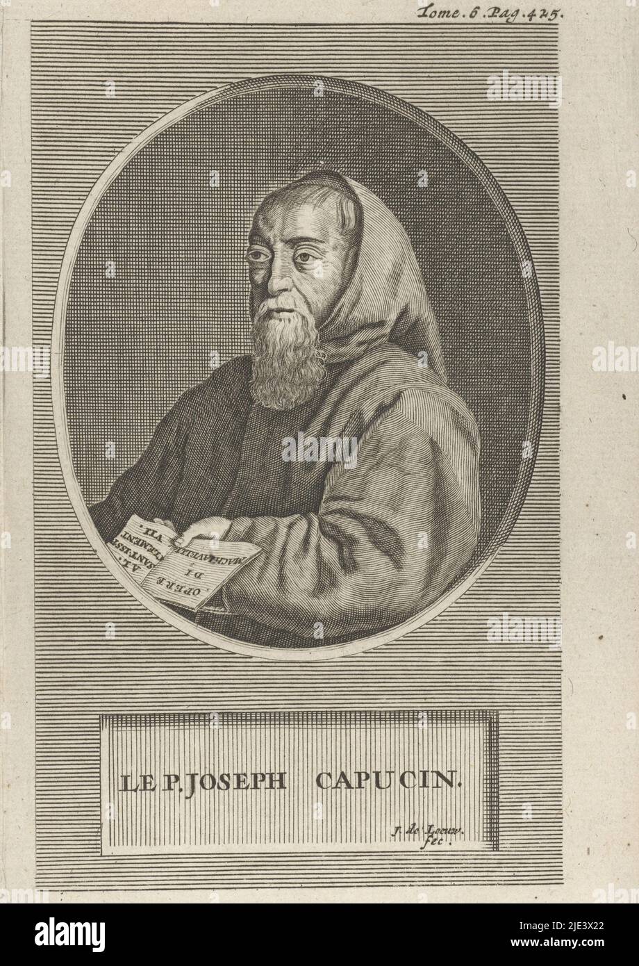 Retrato de François Leclerc du Tremblay, Jan de Leeuw, 1704, Retrato busto en óvalo a la izquierda del monje francés François Leclerc du Tremblay, revestido en una pipa. Debajo del retrato, una placa enumera el nombre de la persona retratada. Imprimir numerado arriba a la derecha: Tomo. 6. Pág. 425., imprenta: Jan de Leeuw, (mencionado en el objeto), 1704, papel, grabado, alt. 157 mm x anch. 97 mm Foto de stock