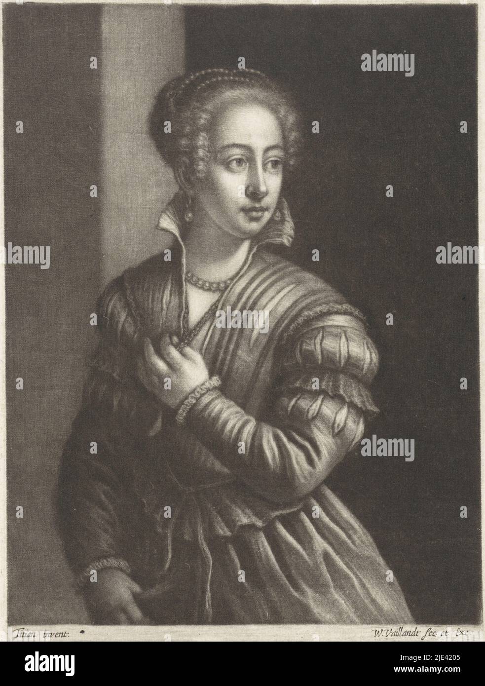 Mujer de vestido veneciano, Wallerant Vaillant, después de Tiziano, 1658 - 1677, imprenta: Wallerant Vaillant, (mencionado en el objeto), después de: Titiaan, (mencionado en el objeto), editor: Wallerant Vaillant, (mencionado en el objeto), 1658 - 1677, papel, al 208 mm x al 153 mm Foto de stock